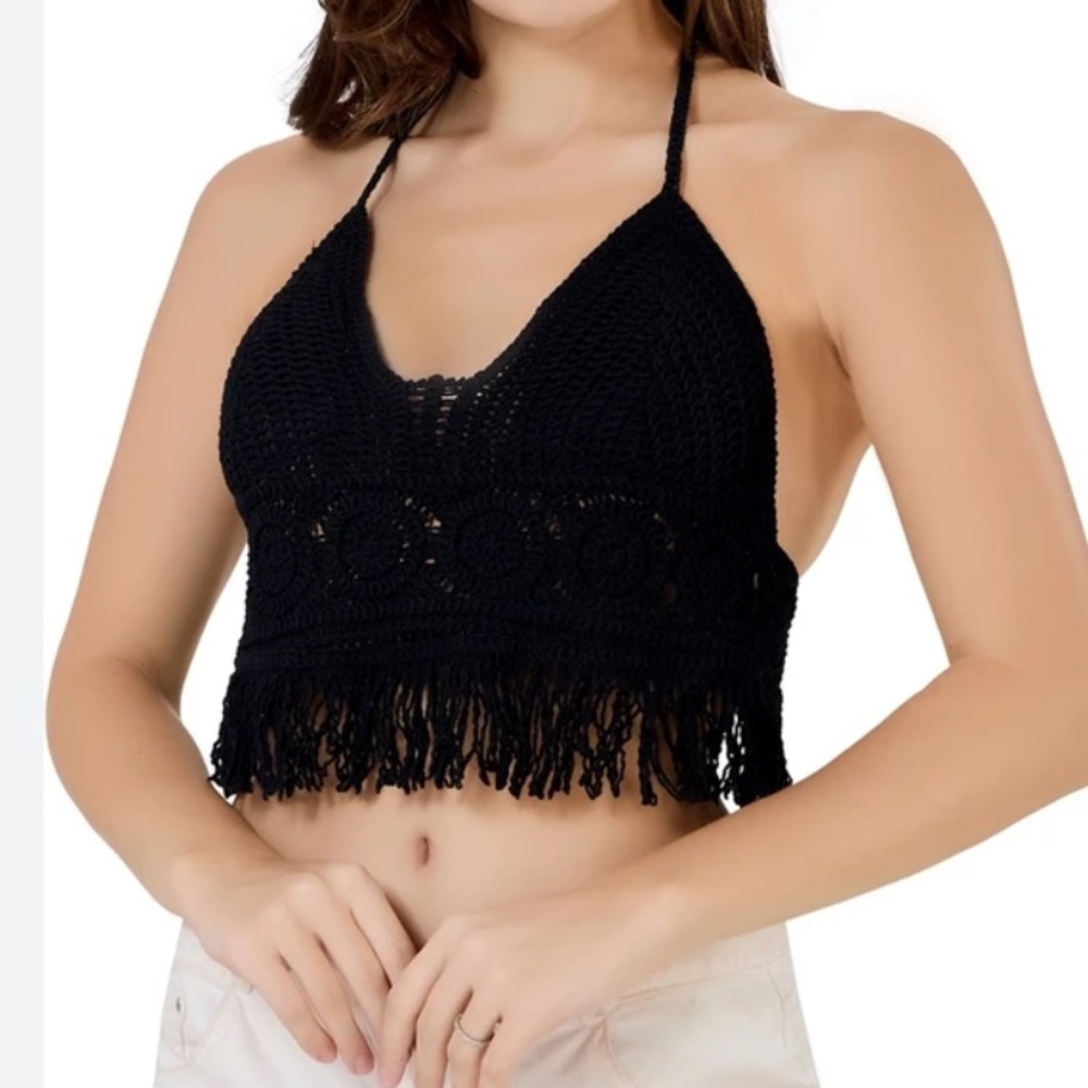 Bustier Boho Corset Black Hand Made Knitted Push Up Blackless Crop Top Size S